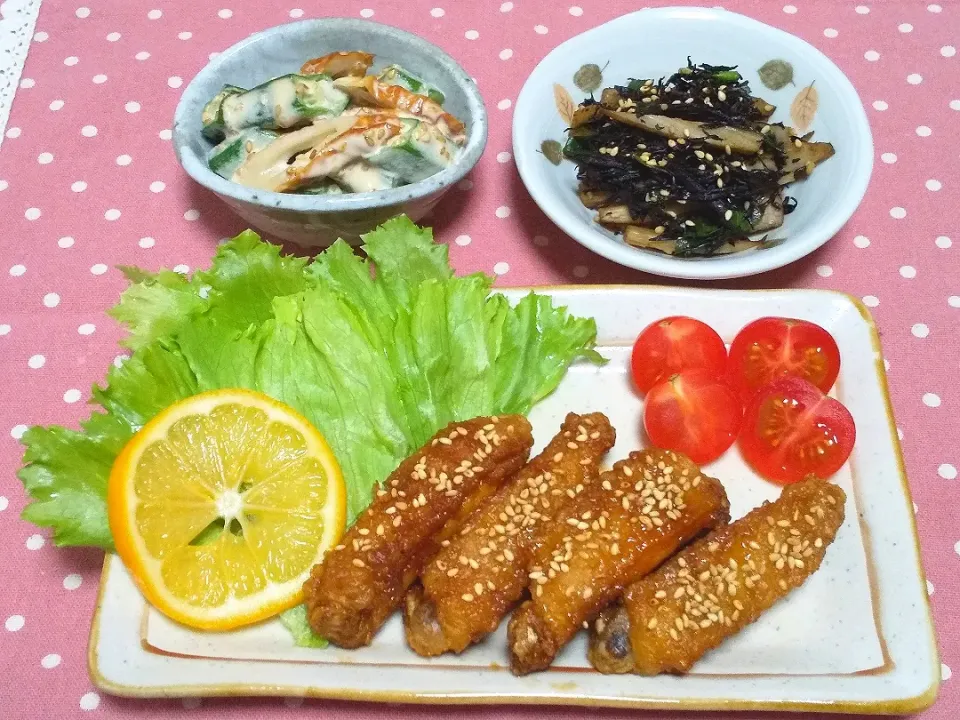 Snapdishの料理写真:#手羽中の甘辛焼き #ごぼうとひじきの炒め煮 #オクラとちくわのマヨポン和え|ゆぴさん