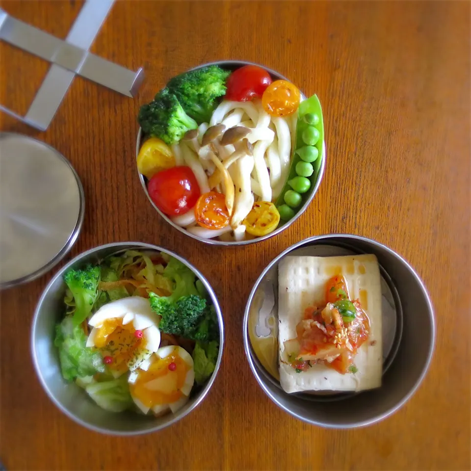 冷やしうどん、キムチのせ冷奴、サラダの初夏弁当|Kさん