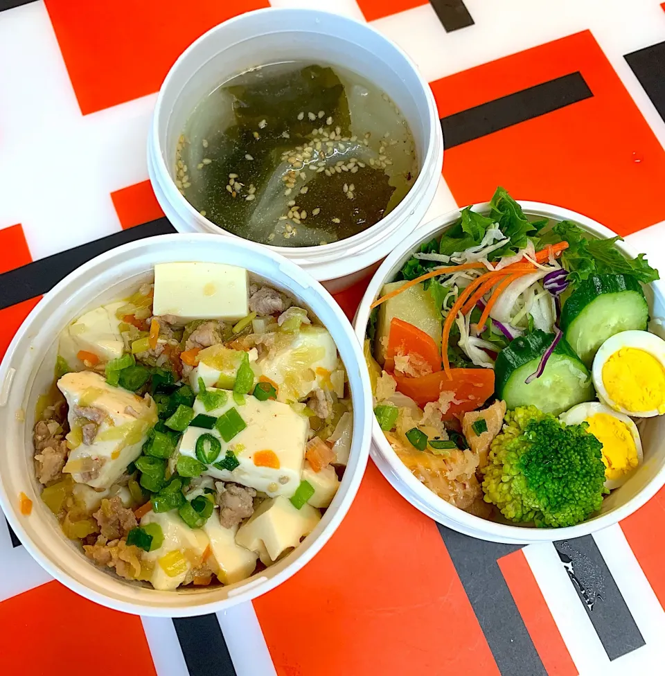 Snapdishの料理写真:息子の塾弁☆  #麻婆豆腐  #麻婆豆腐丼  #麻婆豆腐弁当 #麻婆豆腐丼弁当  #中華スープ  #わかめスープ|Snow10さん