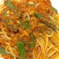 ツナとアスパラのトマトソースパスタ|シロクマシェフさん