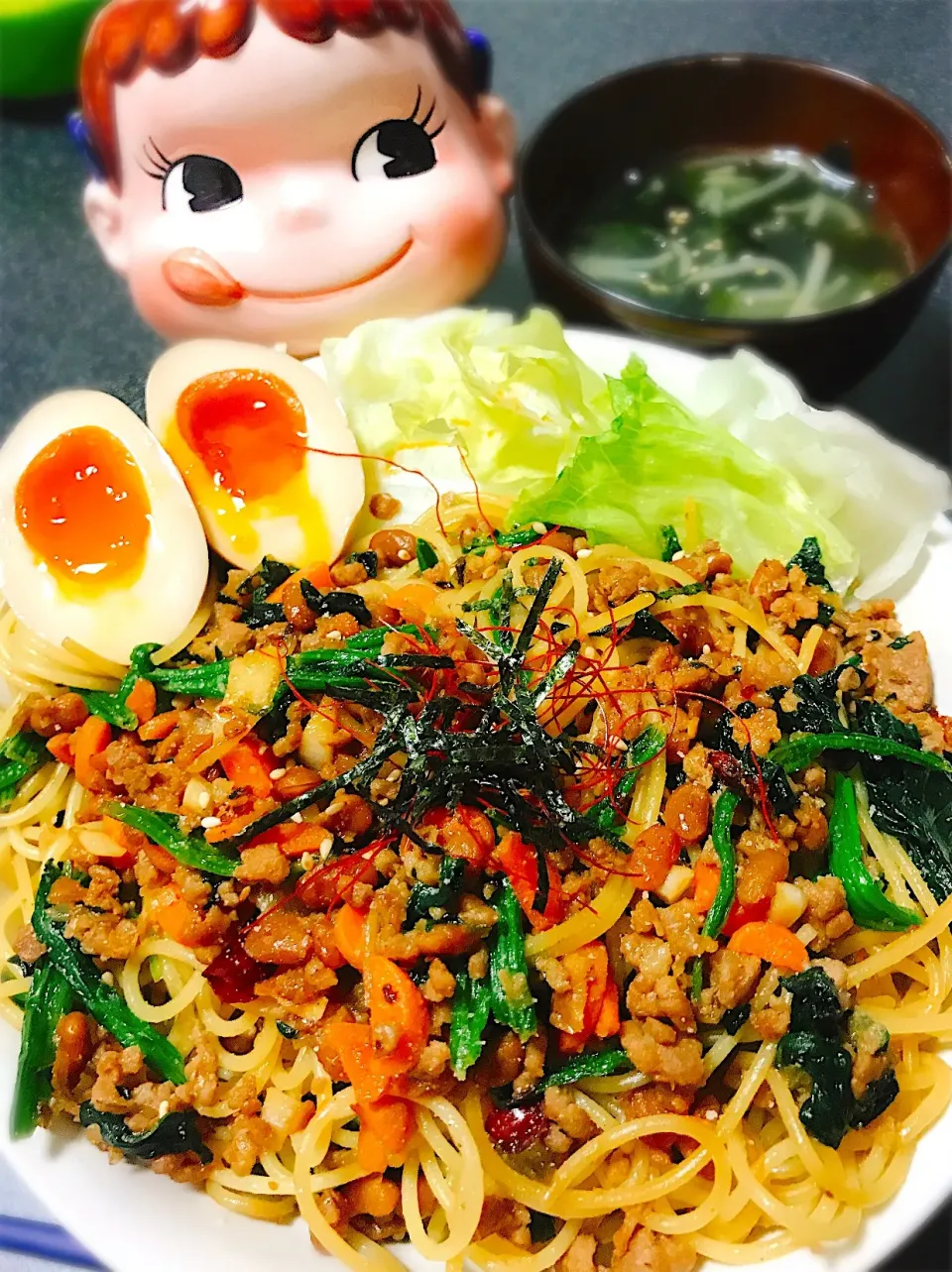 ピリ辛ひき肉納豆リメイク♡具沢山スタミナパスタ。|ぽき。さん