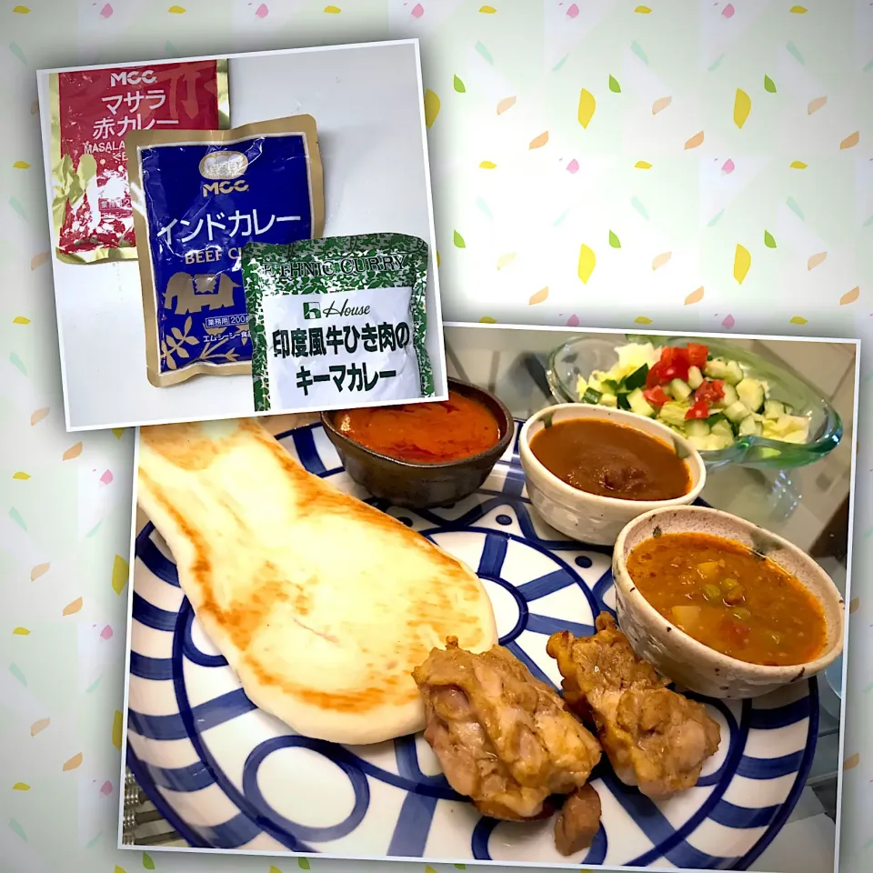 今日は人並みに忙しかったので、レトルトカレーと出来合ナン、昨日からヨーグルトに漬けて仕込んでおいたタンドリーチキンで手抜き夕飯にしましたわ🍀温めて焼くだけなので玄関開けたら10分少々でご飯ですわ🤣|にゃあ（芸名）さん