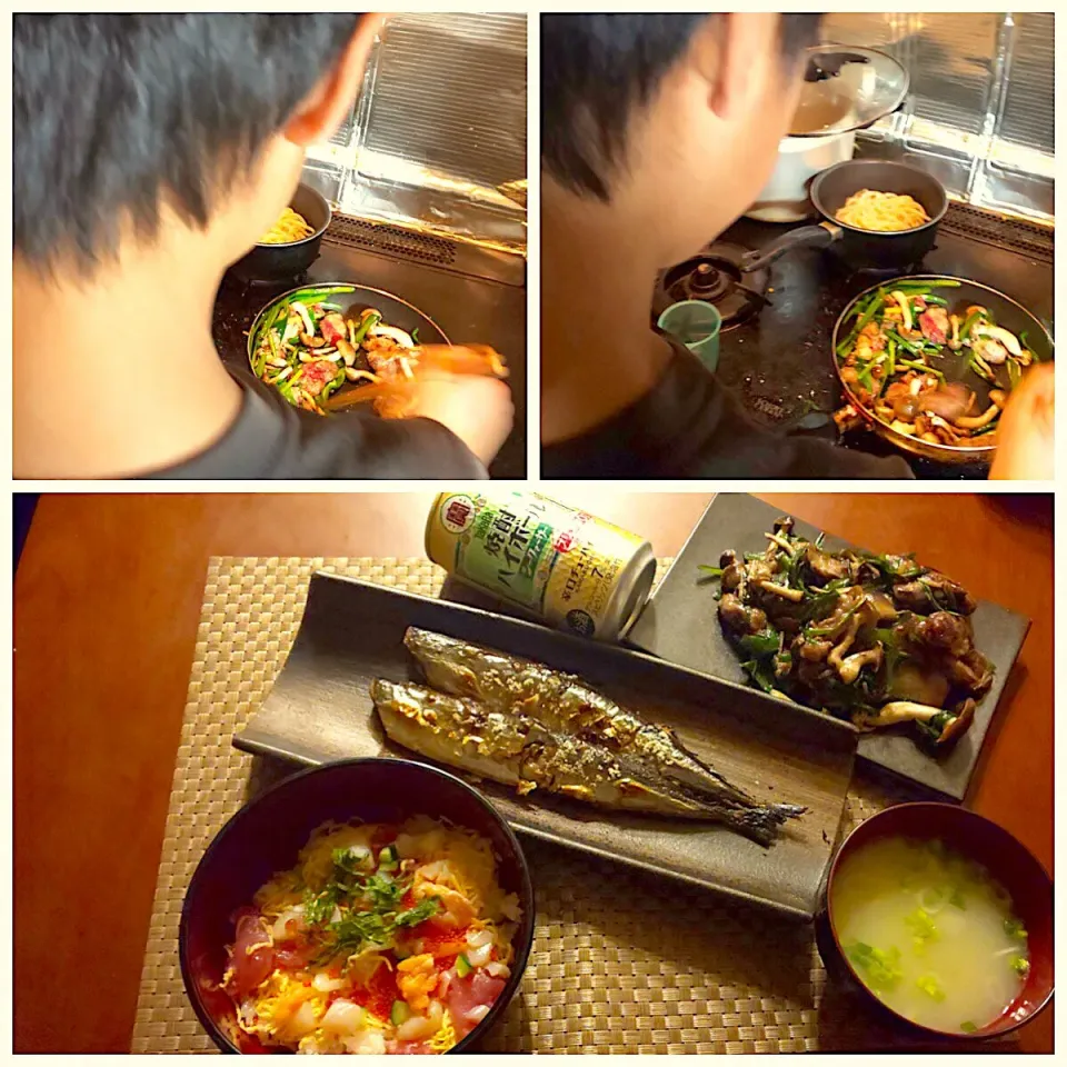 Snapdishの料理写真:Today's Dinner🍴息子作ﾚﾊﾞﾆﾗ炒め･秋刀魚の塩焼き･ちらし寿司･お吸い物|🌈Ami🍻さん