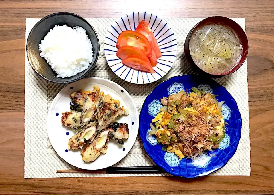 ゴーヤチャンプルー＊ちくわチーズ韓国海苔揚げ＊冷やしトマト＊春雨スープ＊白米＊|Aya.SanSun☺︎さん