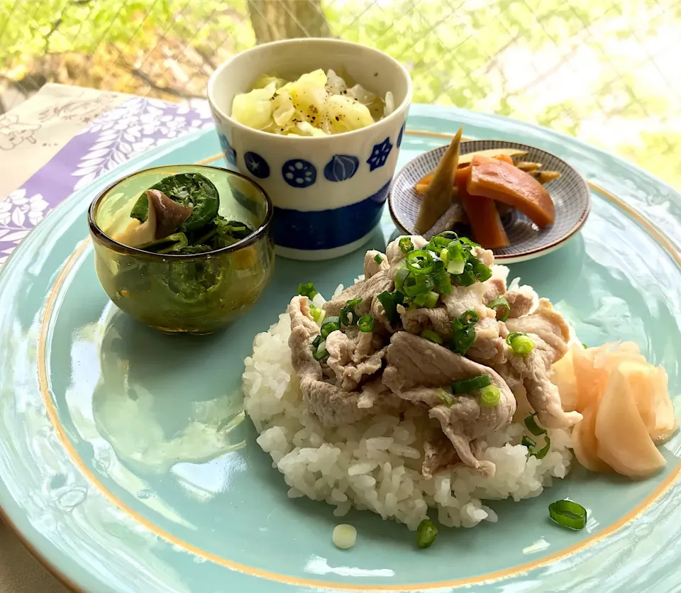 昼ごはん  さっぱり豚しゃぶ飯と、こごみとエリンギの塩麹和え|砂雪さん