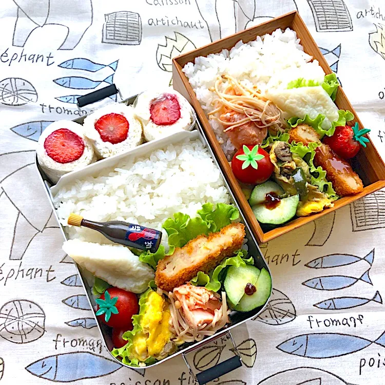 Snapdishの料理写真:アルミ 曲げわっぱ弁当 ♪
クルクルフルーツサンド
オムレツ 鮭のホイル焼き 他|papillonloveさん