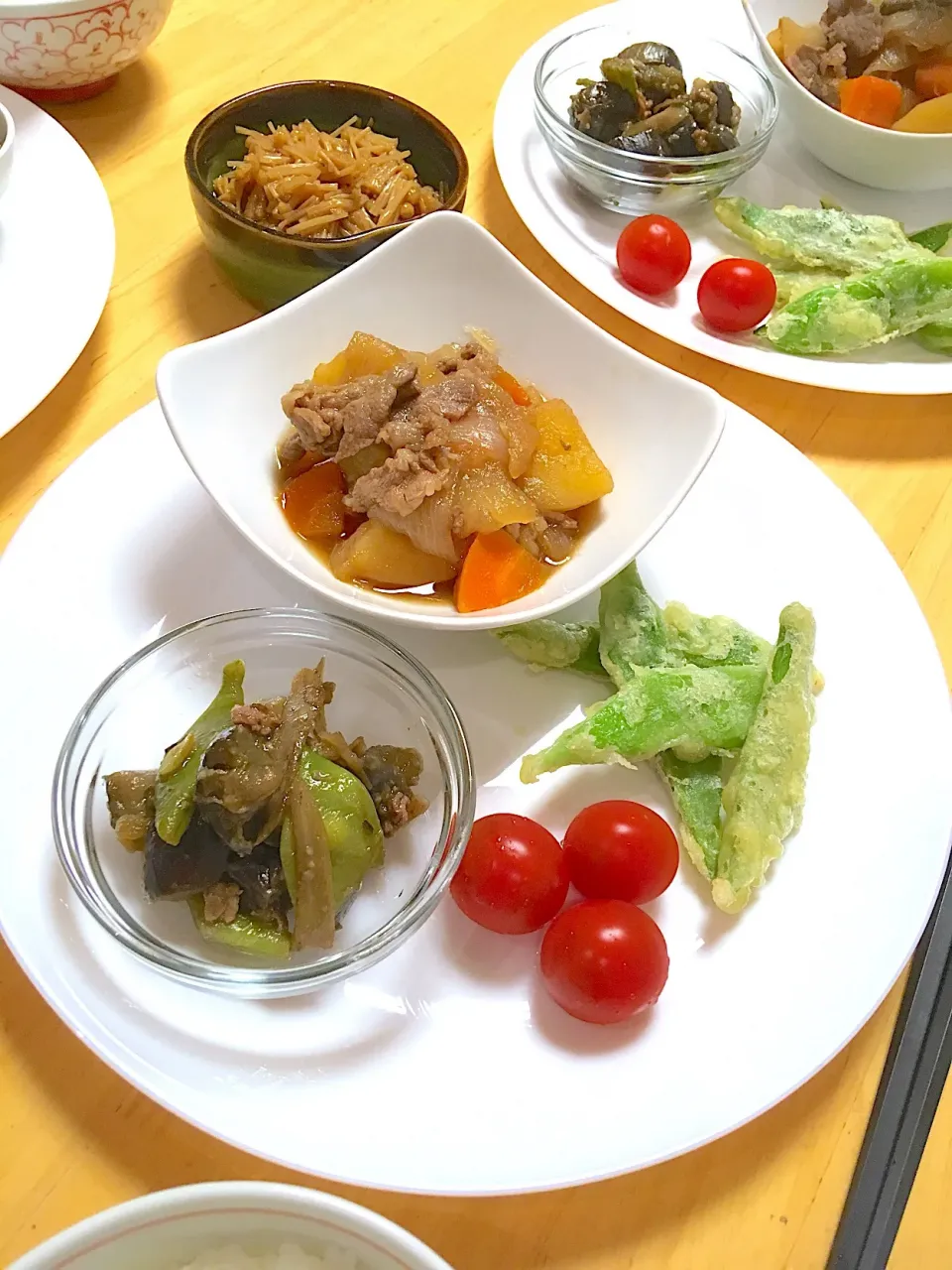 Snapdishの料理写真:#肉じゃが #三度豆の天麩羅 #茄子と豆牛蒡の含め煮 #自家製なめ茸|R-Kさん