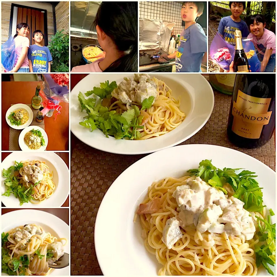 Mothers day's brunch💐母の日ﾌﾞﾗﾝﾁ 焼き茄子とｸﾘｰﾑﾁｰｽﾞの豆乳ﾊﾟｽﾀ|🌈Ami🍻さん
