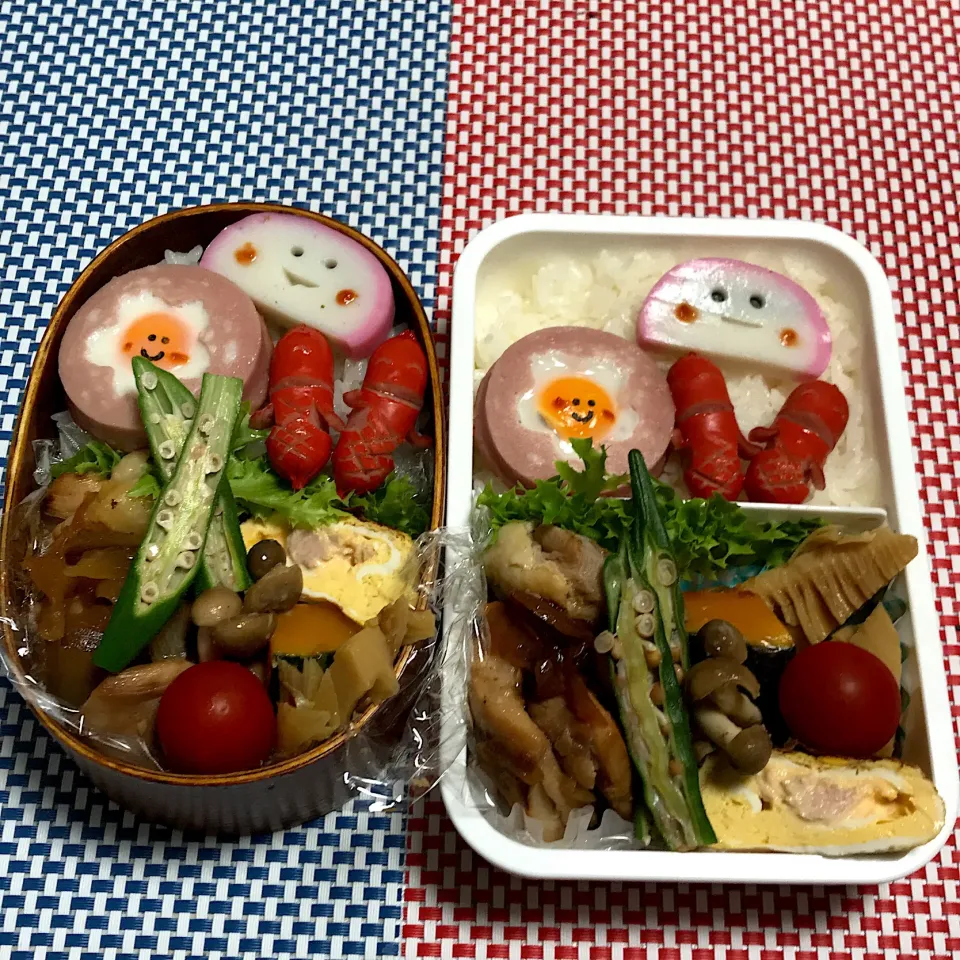 おはよーございます！
今日のおべんと

チキン塩麹焼き
ツナチーズ玉子焼き
かぼちゃの煮物
しめじバター炒め
たけのこ煮物
おくら
フリルレタス・ミニトマト
お花の目玉焼き
ソーセー人
かまこサン♪|クッキングおやぢさん