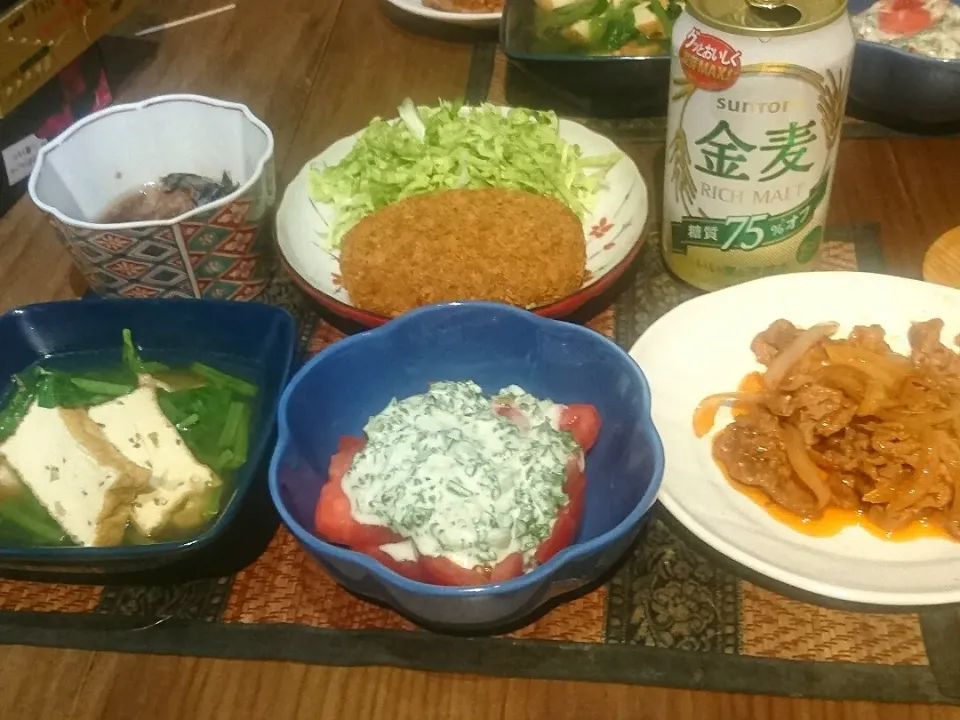 トマトサラダ&炒り豚&厚揚げほうれん草&入谷メンチ&ぶり大根|まぐろさん