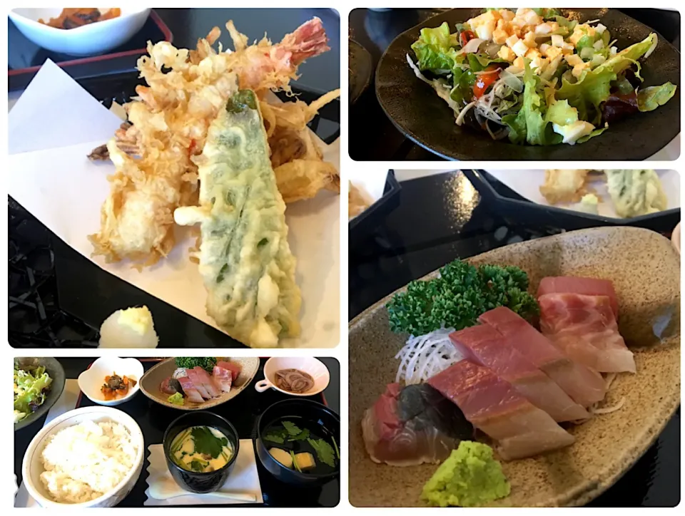 Snapdishの料理写真:昼ごはん☀️☀️☀️
なんとお得な日替わりランチ。
エビ天と野菜のかき揚げ。お刺身。サラダ🥗。茶碗蒸し蒸し。小鉢。ごはん🍚 お吸い物。漬物。1380円。
天かすをサービスで分けてくれる～。よろこんでお持ち帰り～٩( ᐛ )۶|ぽんたさん