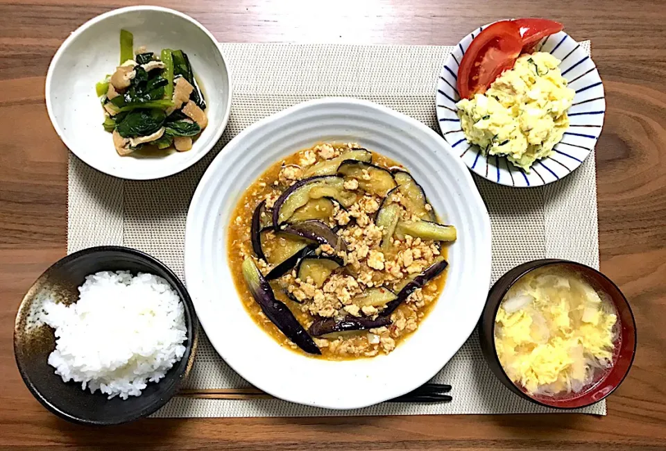 麻婆茄子＊小松菜と油揚げのお浸し＊ポテトサラダ＊筍と卵のスープ＊白米＊|Aya.SanSun☺︎さん