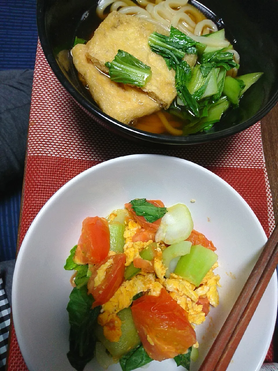 トマトとチンゲン菜の中華炒め&うどん|やのさん