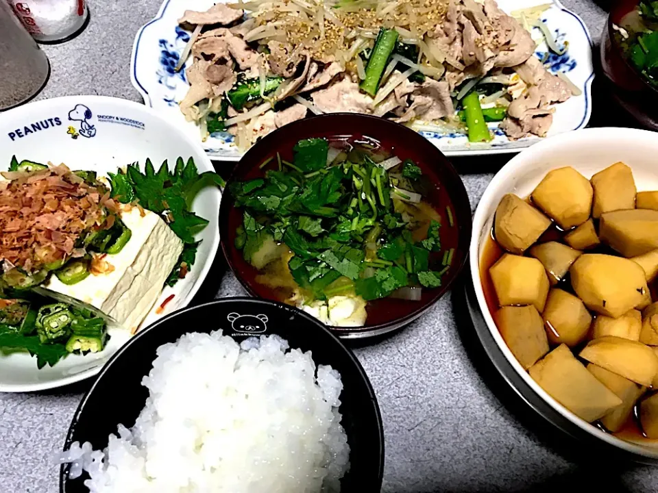 冷奴は塩で！ #夕飯 お粥白米、オクラおかかシソ冷奴、肉野菜炒めゴマかけ、大根葉大根玉子ミツバ味噌汁、イモの煮っころがし|ms903さん