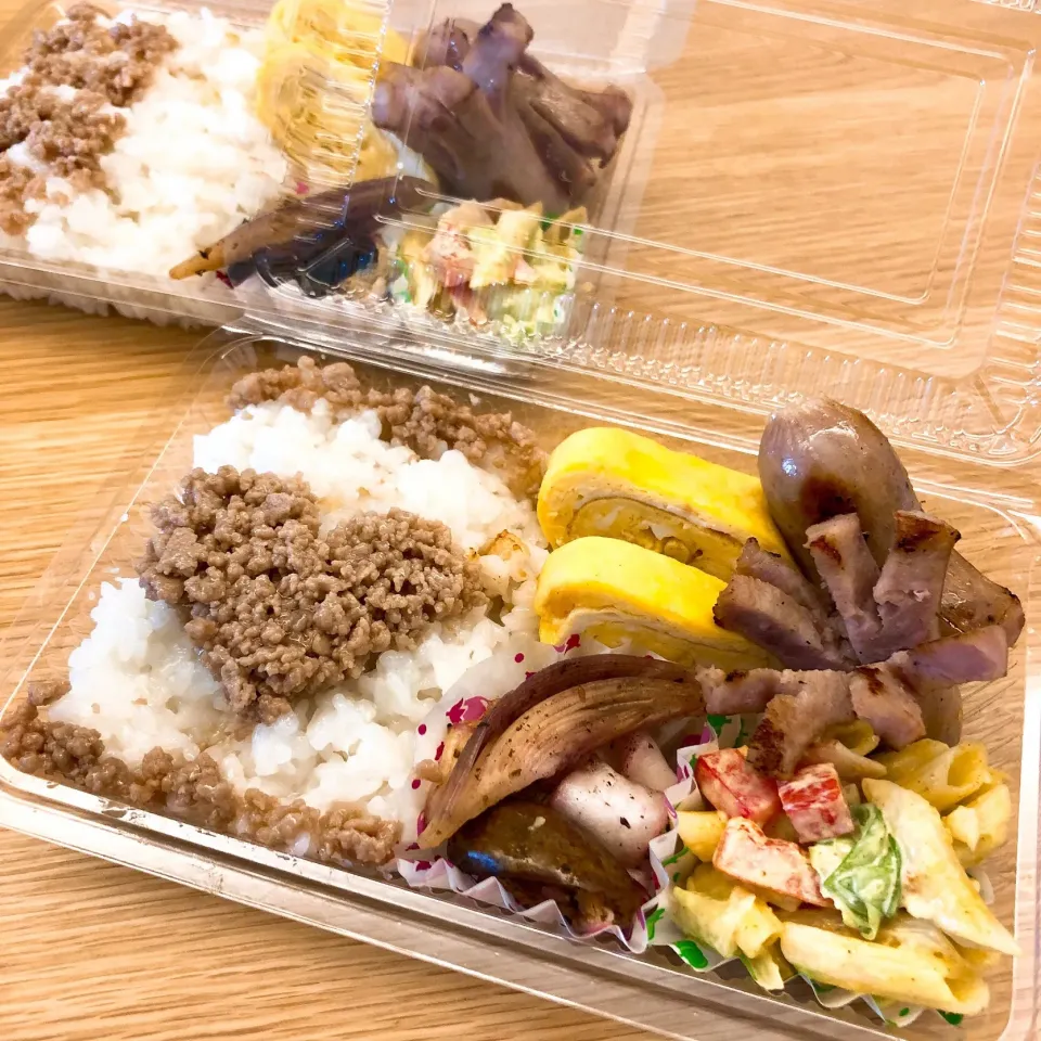 Snapdishの料理写真:きょうのお弁当#そぼろ♡ご飯#卵焼き#ジョンソンヴィル#ゆかりの漬物#カレーマカロニサラダ#ふたりごはん|ゆかｕさん