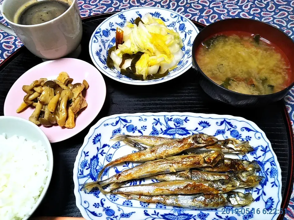 よねばーばの朝ごはん
白菜の浅漬
シシャモ
海藻の味噌汁
しめじの煮物
ご飯、コーヒー|yoneばーばさん