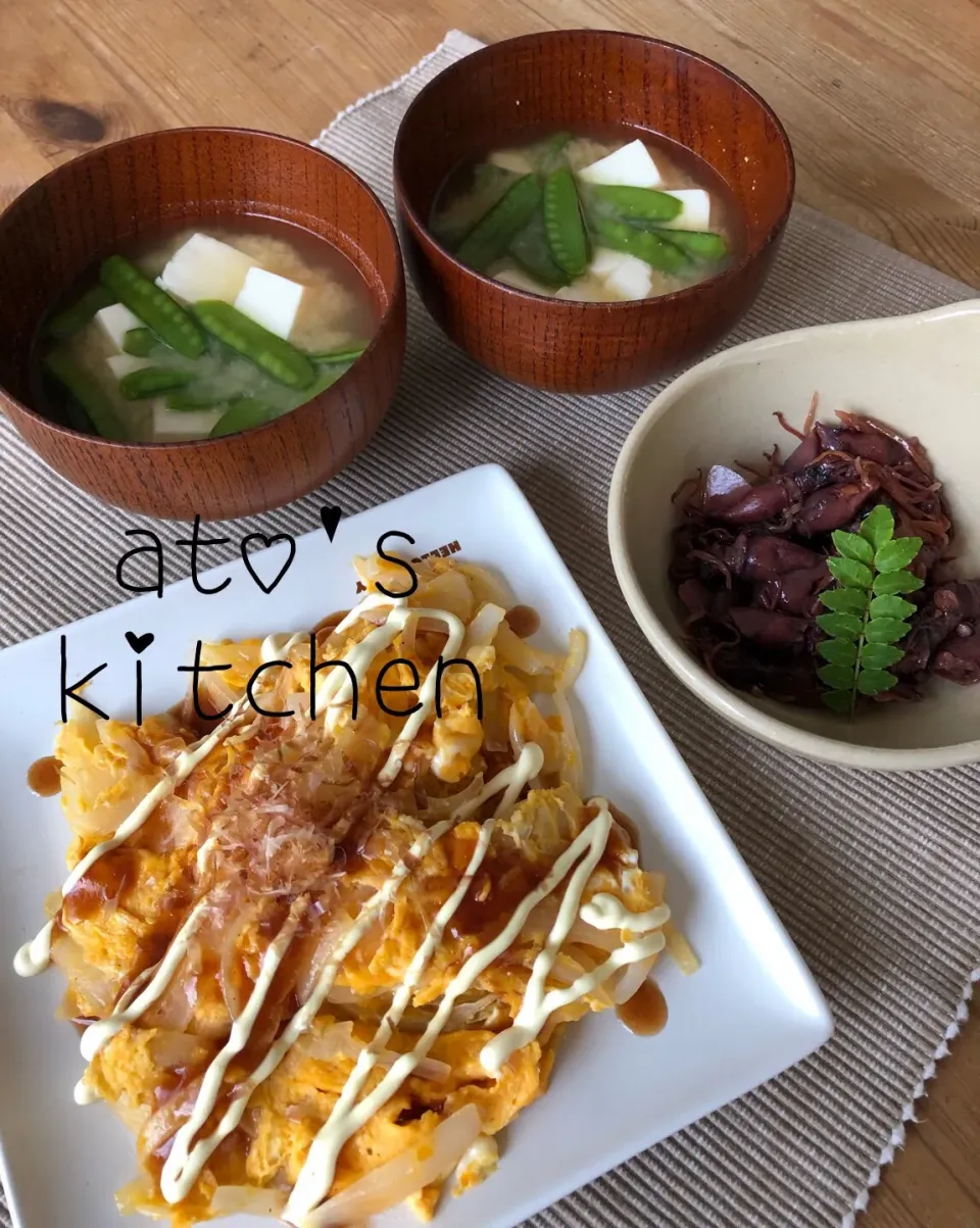 2019/05/16🌿 新玉ねぎ&卵炒め🌿
                絹さやと豆腐のお味噌汁
        ホタルイカの佃煮🌿|あとさん