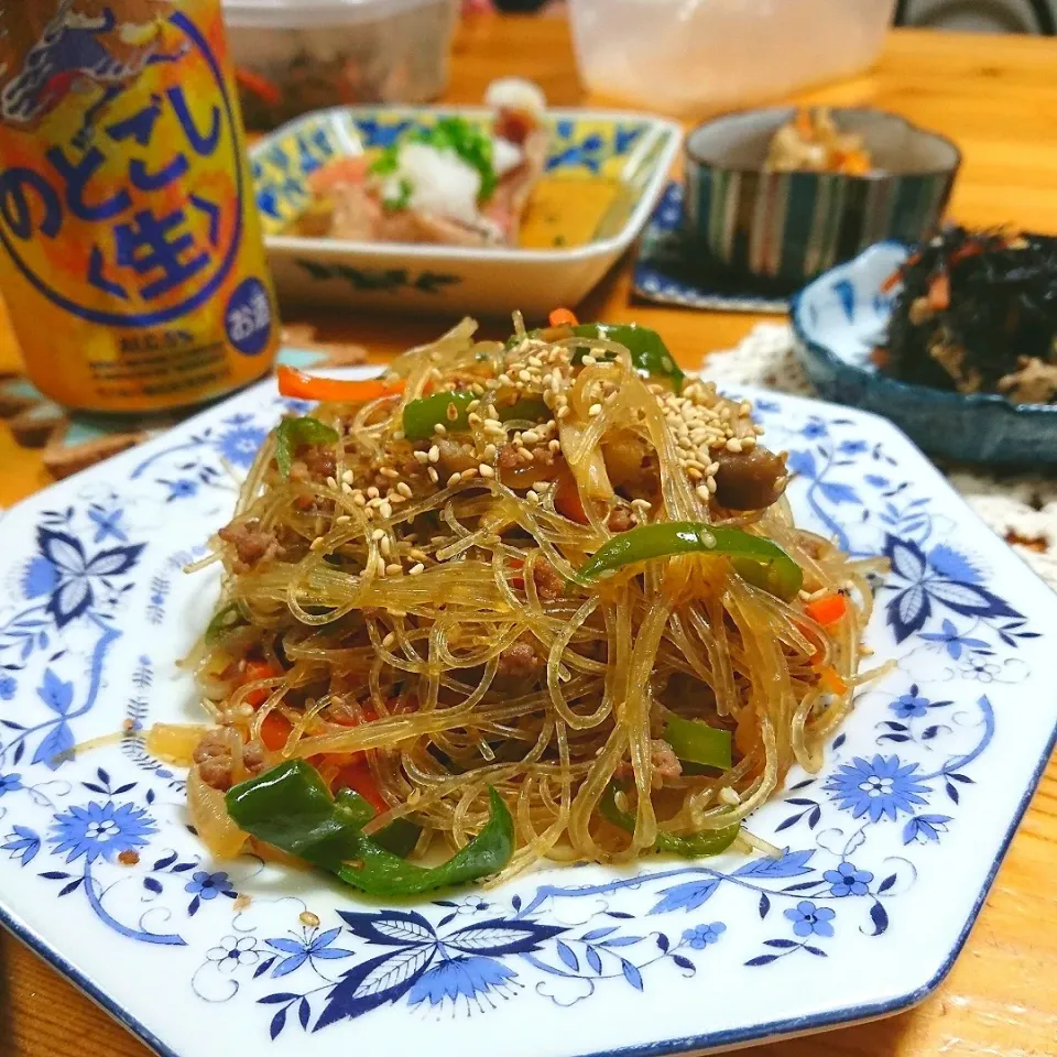 しゃなママさんの料理 野菜た～ぷりヘルシー♪フライパン1つで挽き肉チャプチェ♪|とまと🍅さん