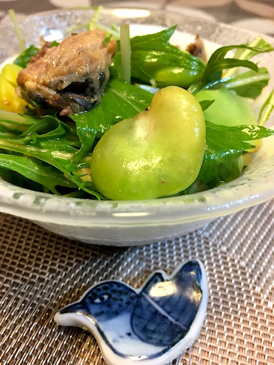 サバ缶でᗦ↞◃  〜水菜とそら豆和えてサラダに🥗|MOMO-chan☻さん