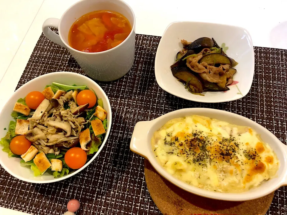 #マカロニチキングラタン
 #きのこサラダ 
#ナスと豚肉のポン酢炒め
 #野菜スープ|ゆぺこさん