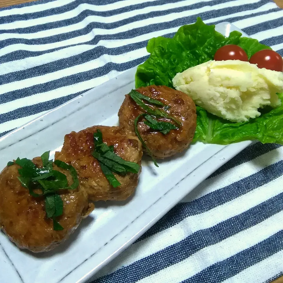 Snapdishの料理写真:2019/05/17　豚ひき肉のつくね🌿濃厚マッシュポテト|ちいたんさん