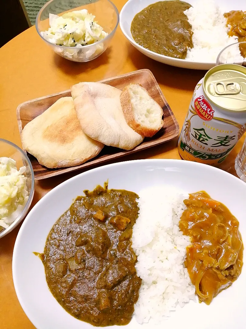 小松菜カレー&ビーフカレーと、ポテトサラダ
カレーには、やっぱり🍻ビールでしょ‼️|ナナオさん