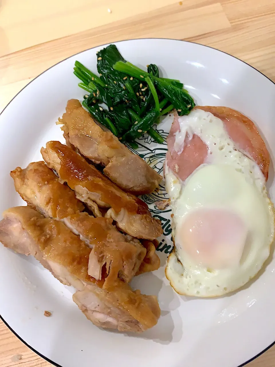 鶏の照り焼き & ハムエッグ & ほうれん草のラー油ナムル|ぺろたんさん