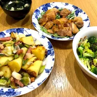 Snapdishの料理写真:豆腐の味噌汁 照り焼きチキン じゃがいもと長ねぎの炒め物 ブロッコリー胡麻おかか和え|ゆかゆかさん