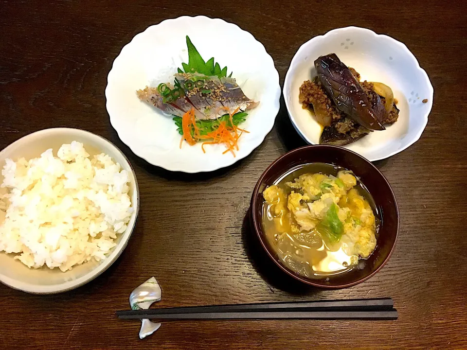 鯵の刺身
麻婆ナス
レタスと卵のお吸い物|カドラさん