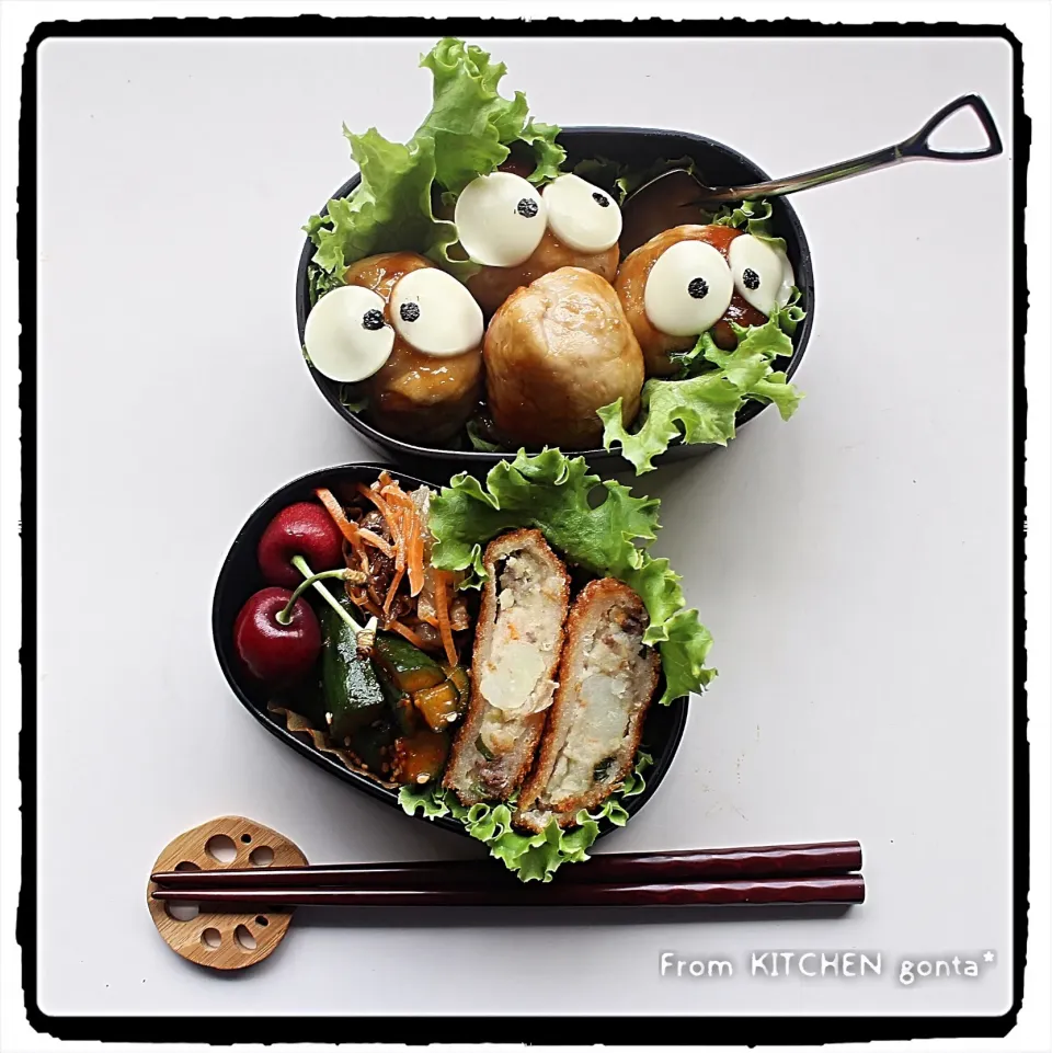 女の子だって、肉巻きおにぎり🍖入りガッツリ茶色弁当🍱 笑笑😅﻿
﻿|gonta*さん