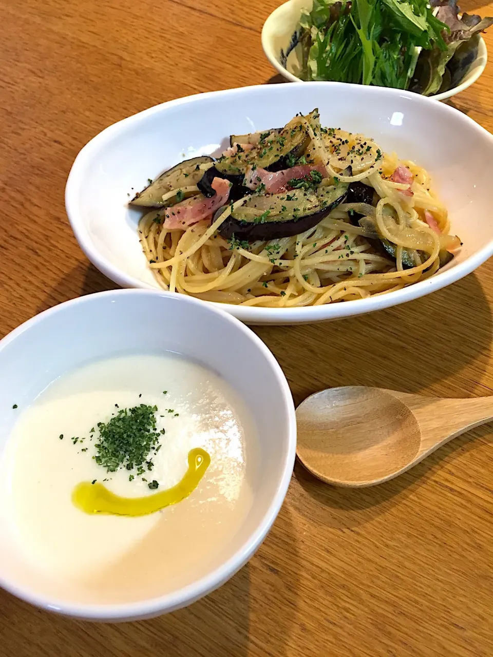 茄子とベーコンのパスタ  to  新玉ねぎのポタージュ|まつださんさん