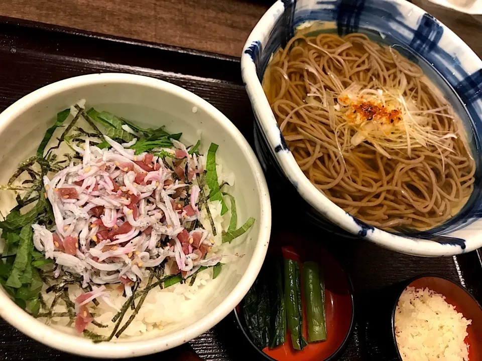 Snapdishの料理写真:昨夜は梅おろし冷かけそば🍜今日は梅しらす丼＆掛け蕎麦♨️なんて節操のない食事が続くのかしら😭|にゃあ（芸名）さん