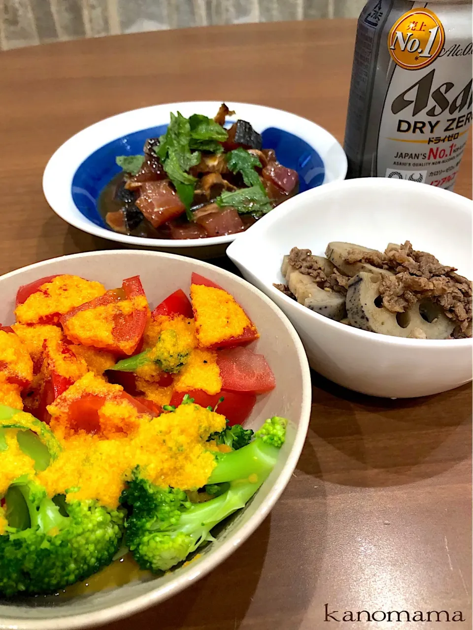 鰹とハマチの漬け♪人参ドレッシング🥕♪牛肉と蓮根きんぴら♪|ゆきさん