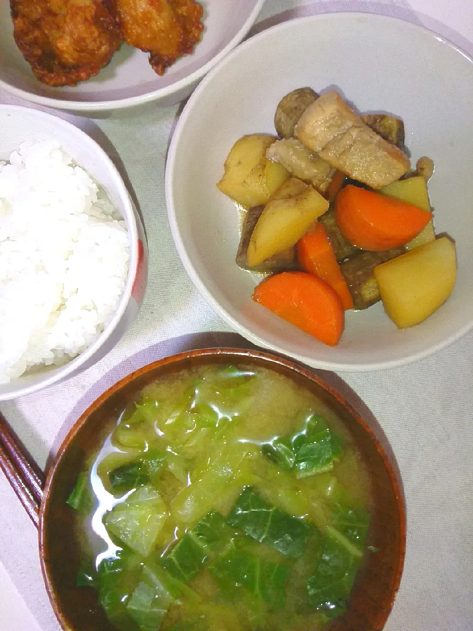 ごぼうの煮物&キャベツの味噌汁|やのさん