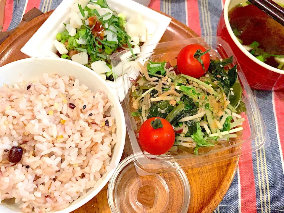 Snapdishの料理写真:雑魚と海藻の和風サラダ🥗ミニトマト🍅梅風味黒酢たれ納豆イカキムチ大葉青ネギ鰹節乗せ
赤出汁味噌汁🦑子梅干しと雑穀米|yumyum😋さん