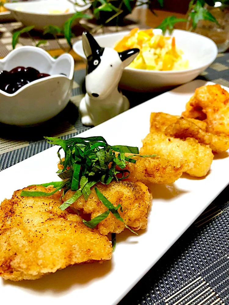 鱈とイカの竜田揚げ  ササミの卵衣揚げ
黒豆煮|くっきいママさん