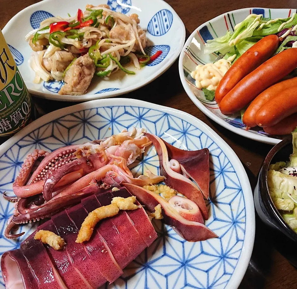 茹でいか生姜醤油
 辛いウインナー
 鳥南蛮🍺✨🍺|miimiさん