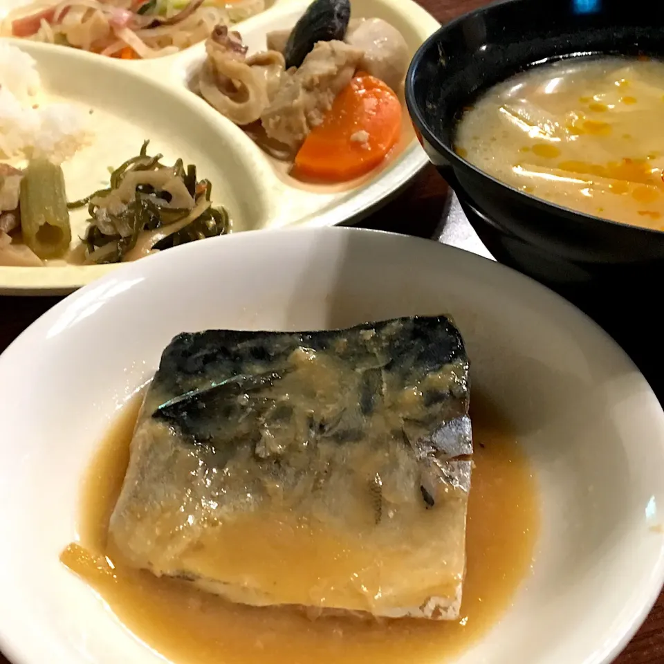 Snapdishの料理写真:昼ごはん☀️☀️☀️断酒41日目
鯖の味噌煮  ふきの煮物  ビーフンサラダ|ぽんたさん