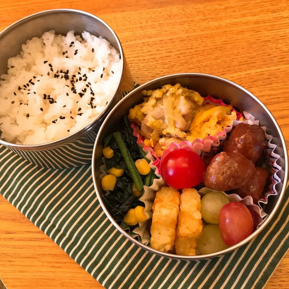 JK 親子煮・ミートボール弁当
#親子煮
#ミートボール
#ほうれん草ソテー|MIKIさん