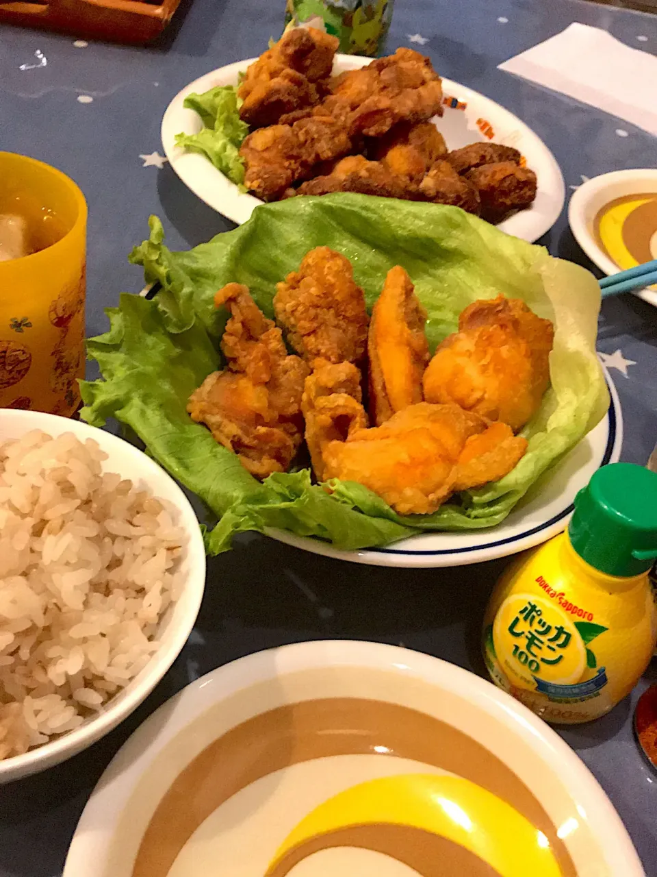 鶏唐揚げ  🐓塩＆醤油  もち麦ごはん🍚  麦茶🍹|ch＊K*∀o(^^*)♪さん