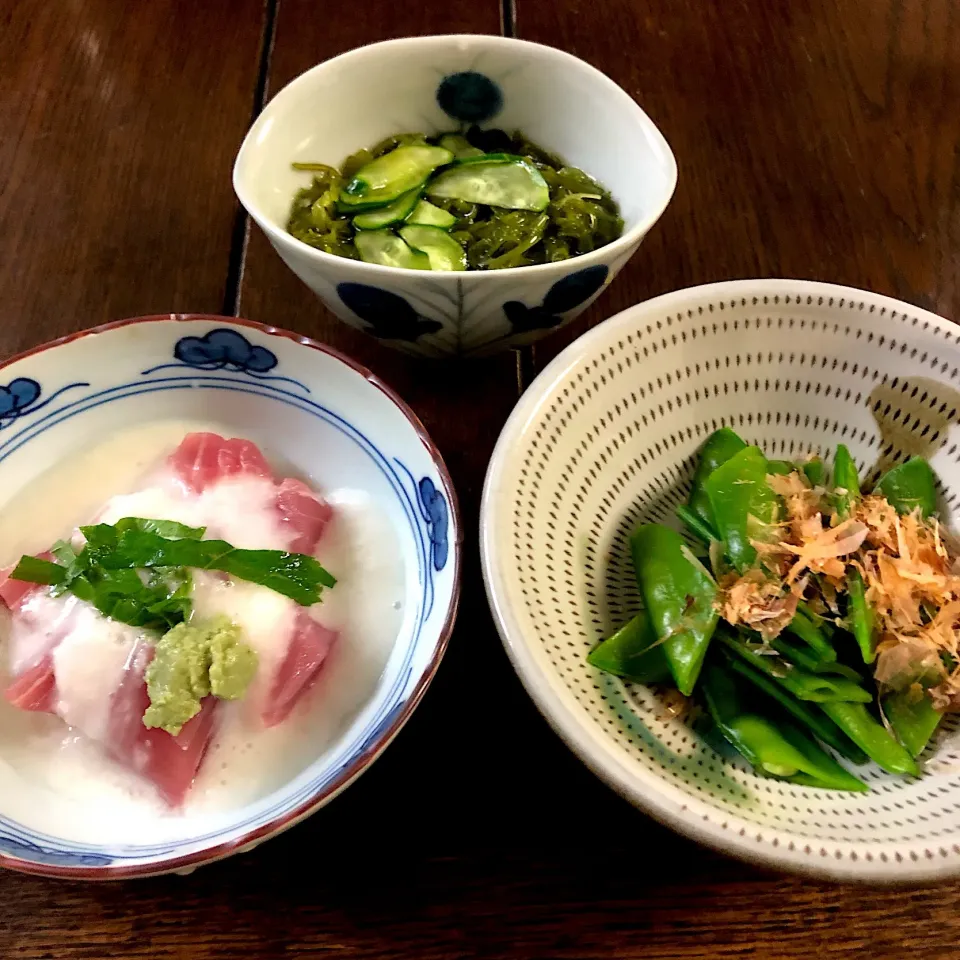 めかぶ、マグロ山かけ、絹さや|nao子さん