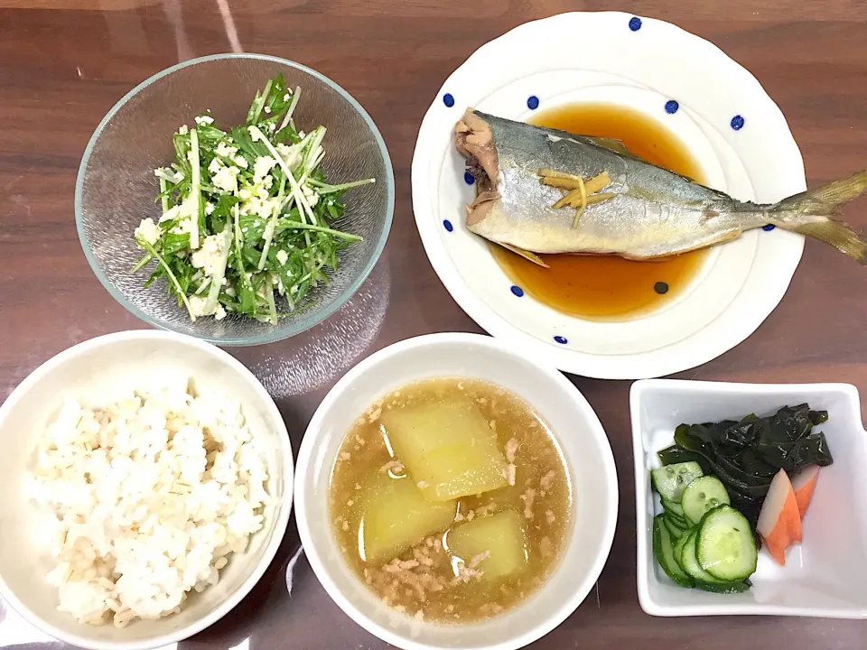 加賀太きゅうりの翡翠煮 きゅうりの酢の物 つばいその煮つけ 水菜の白和え|おさむん17さん