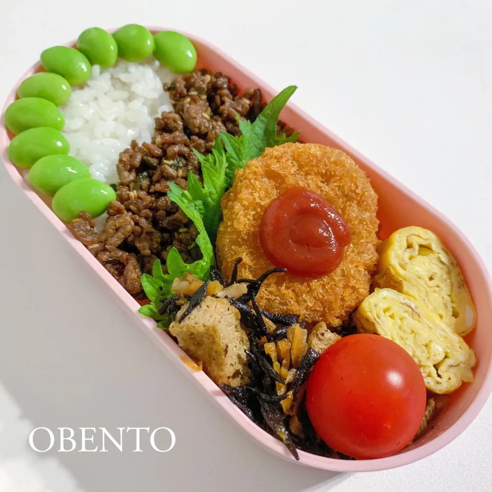 ご飯がススムそぼろとひじきとコロッケ弁当|cocoさん