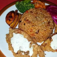 Snapdishの料理写真:Deep Fried Grouper (Real Grouper) Lump Lobster Peas n Rice Fried Plantains Pickled Beets Steamed Carrots and Broccoli.|Juan Simmsさん