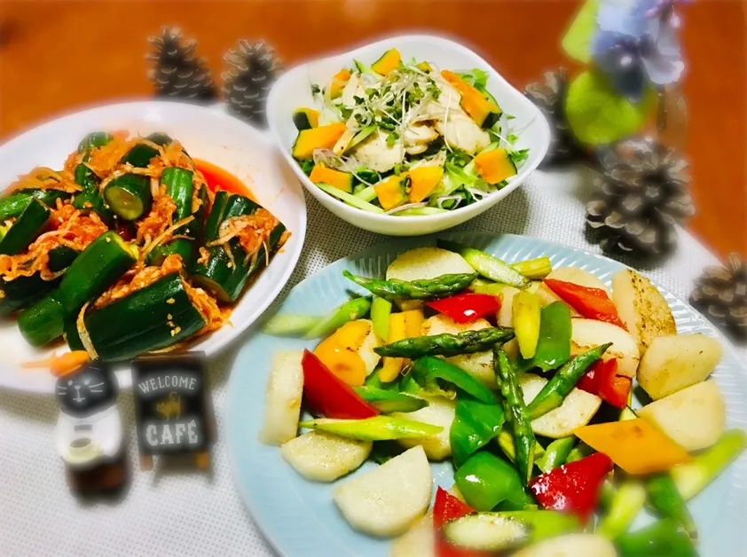 Snapdishの料理写真:山芋と彩り野菜の炒め物、ササミとカボチャのサラダ🥗|バシュランさん