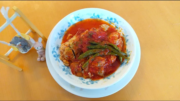 💕炊飯器で時短♡鶏もも肉とインゲンのトマト煮💕|yuiママさん