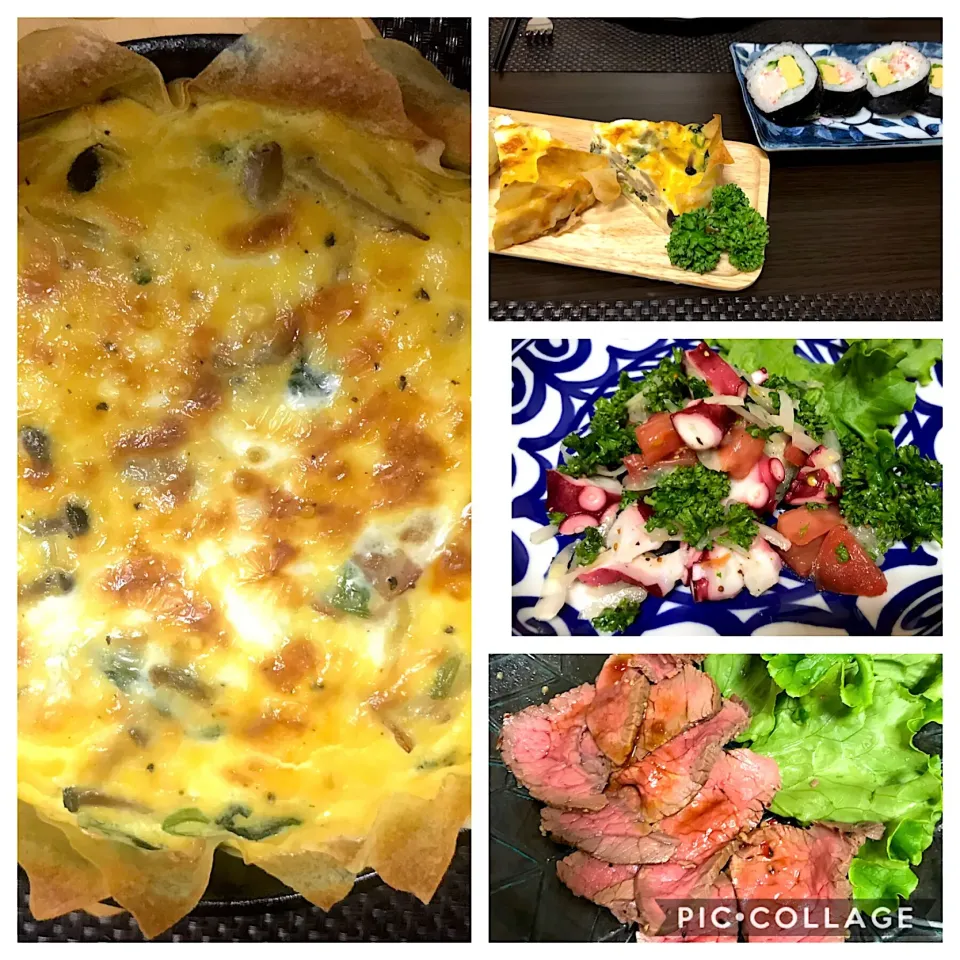 Snapdishの料理写真:今日のディナー
春巻きの皮のキッシュと120度オーブンで作ったローストビーフ、タコとたくさん買ってしまっパセリのマリネ。全部美味しかった。🤣あっ明日仕事⁉️
しかし今日は赤ワインもう少し〜😚|ナタママさん