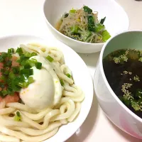 ★めんたい釜玉うどん  ★くろめとワカメのスープ  ★チンゲン菜ともやしのナムル|maaaakoさん