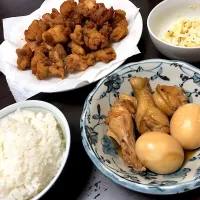 唐揚げと卵と手羽元の煮込みとマカロニサラダ|桃果🥀さん