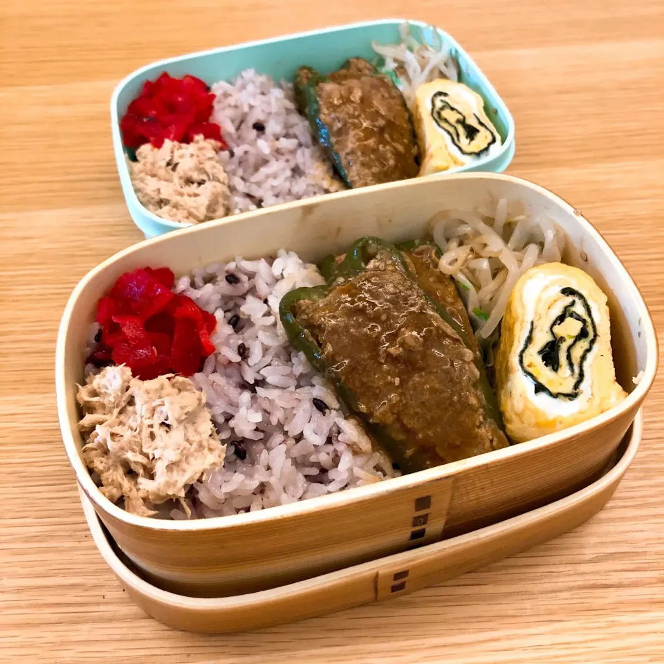 きょうのお弁当 #ピーマンの肉詰め#卵焼き #もやしのナムル  #ふたりごはん|ゆかｕさん